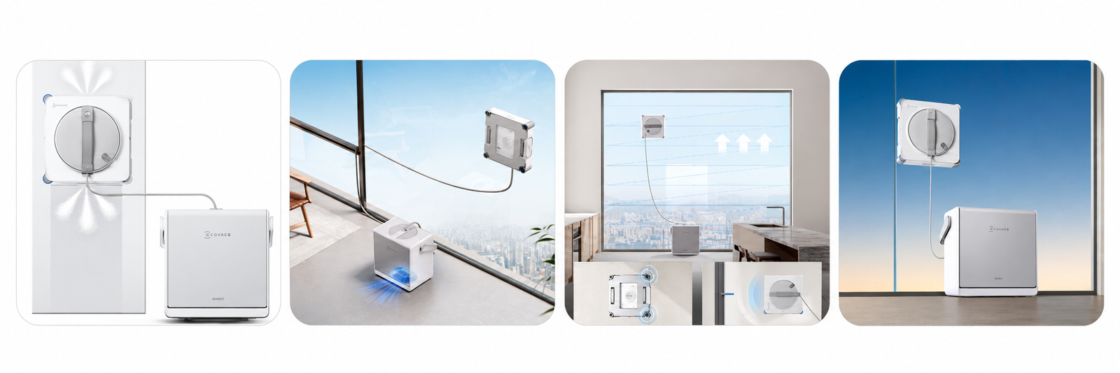Galerie mit vier Produkt- und Anwendungsbildern des ECOVACS WINBOT W2S PRO OMNI